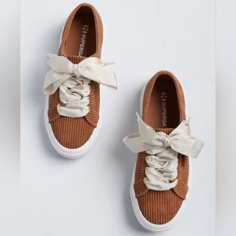 Superga Women's Camel Tan Brown Corduroy Ribbon Laces Low Top Flat Sneakers 8